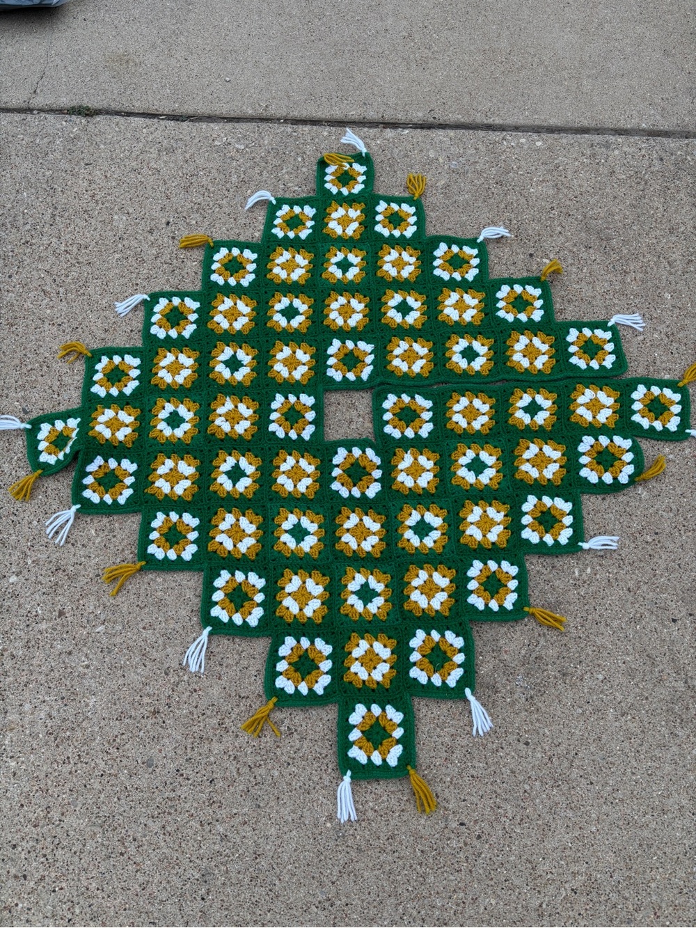 Handmade Crochet Granny Square Table Runner - Green, Mustard & White